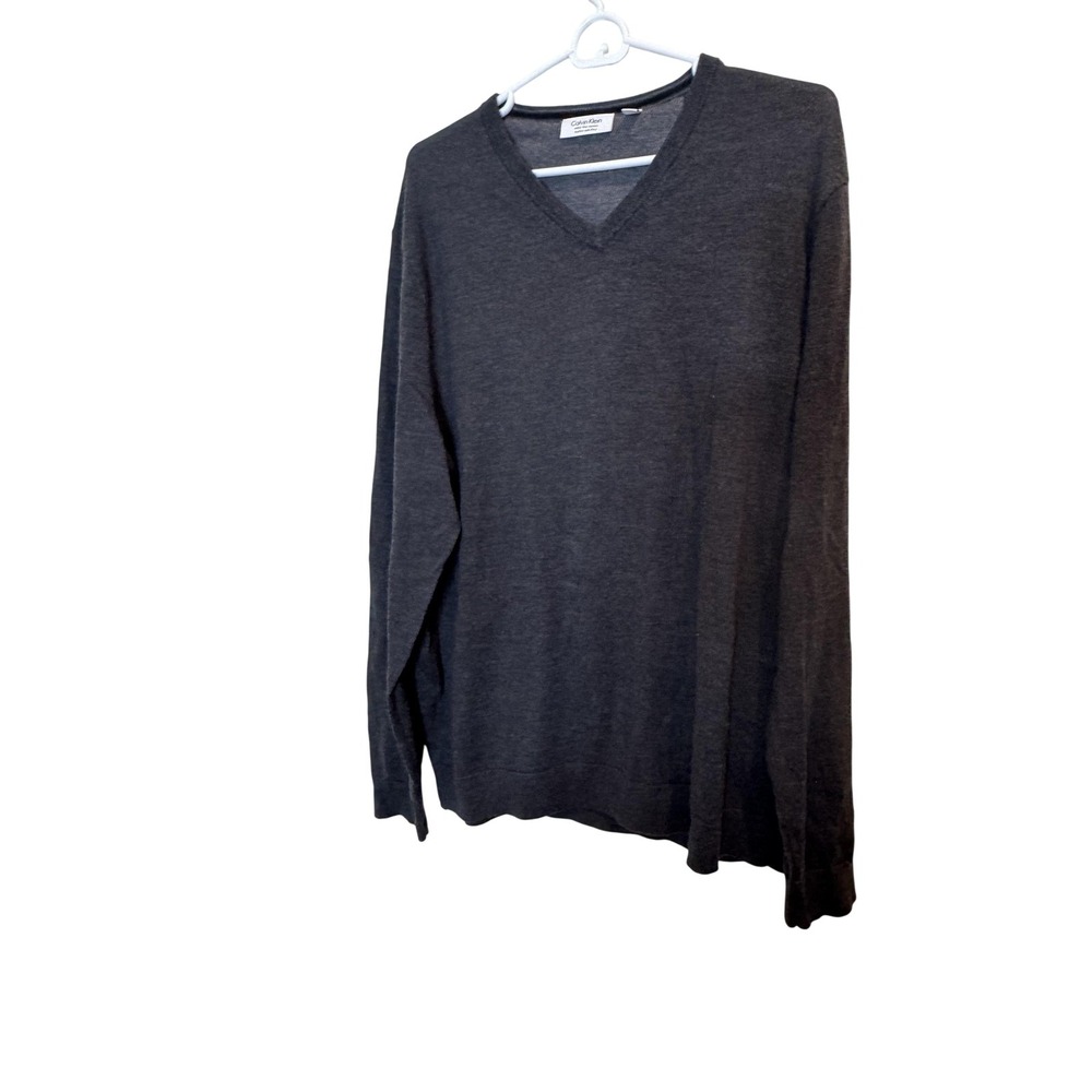 Calvin Klein Sweater Mens XL Gray Extra Fine Merino Wool V Neck‎ Knit Pullover